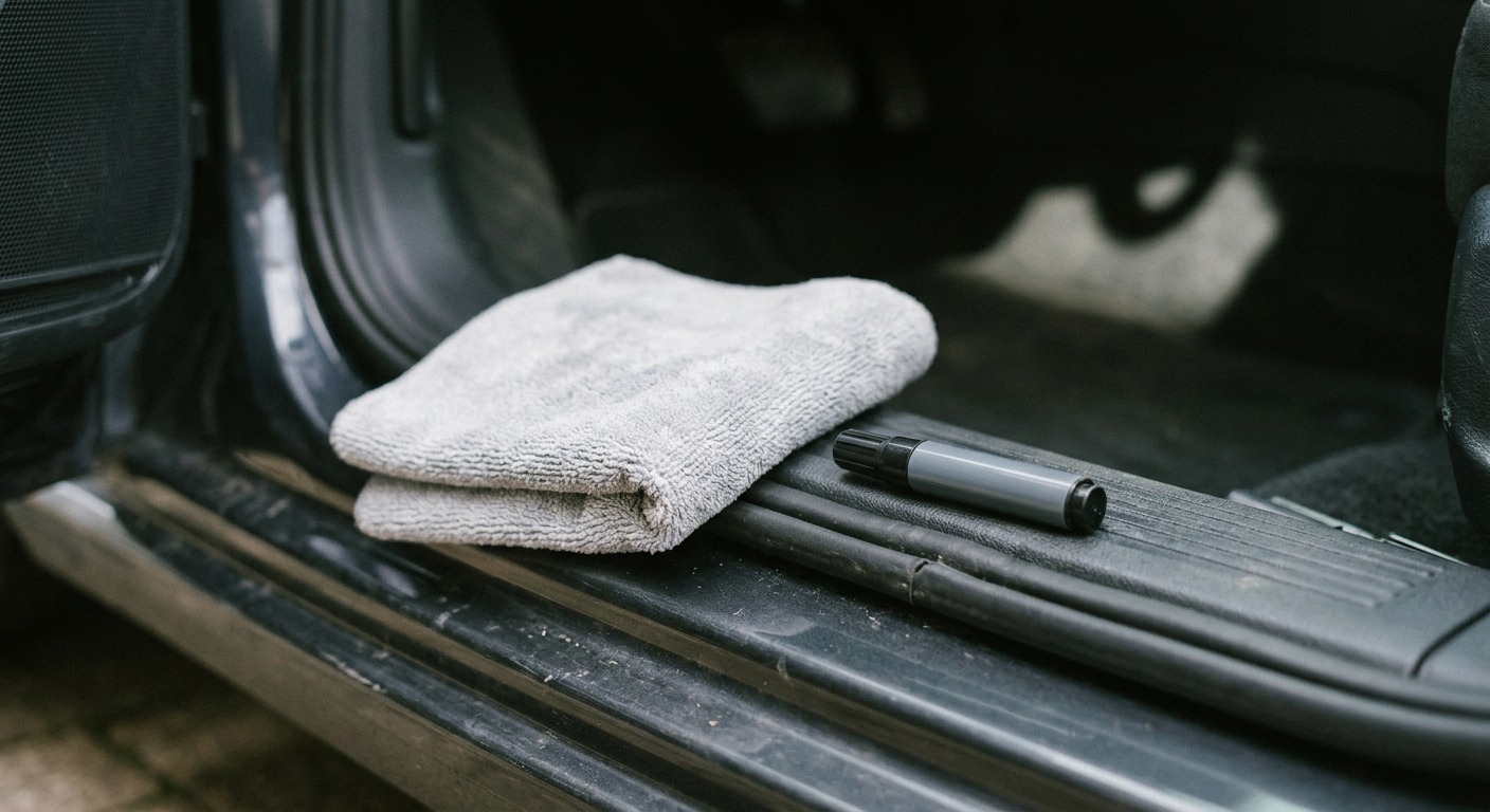Graues Mikrofasertuch und unbeschrifteter Pflegestift auf der Einstiegsleiste neben der Gummidichtung einer Autotür