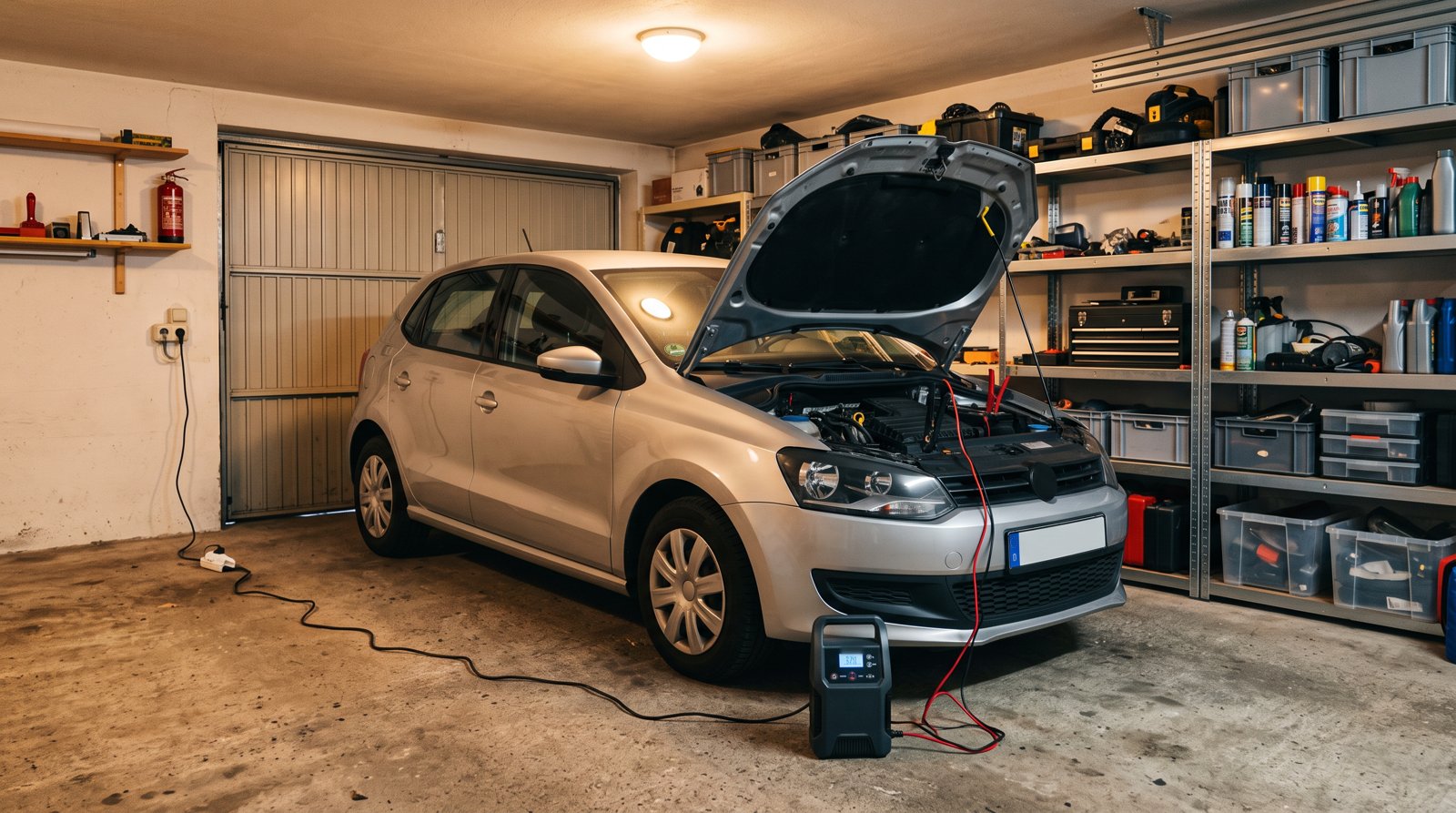 Kleiner silberner Wagen in einer Garage mit Betonboden, davor ein Erhaltungsladegerät, dessen Kabel in den geöffneten Motorraum führt