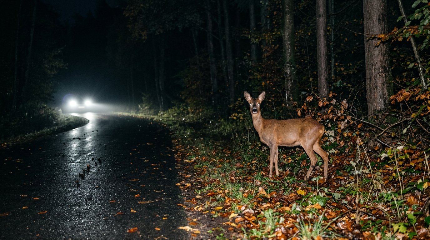 Reh steht nachts am Waldrand direkt neben einer schmalen Landstraße, seine Augen reflektieren das Scheinwerferlicht, nasser Asphalt mit Herbstlaub